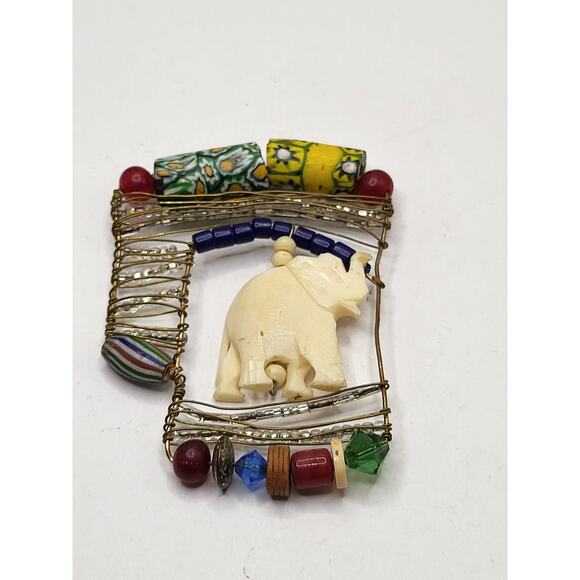 Boho Folk Art Elephant Pendant Mixed Media Beaded Wire Vintage Jewelry Piece - Picture 8 of 11